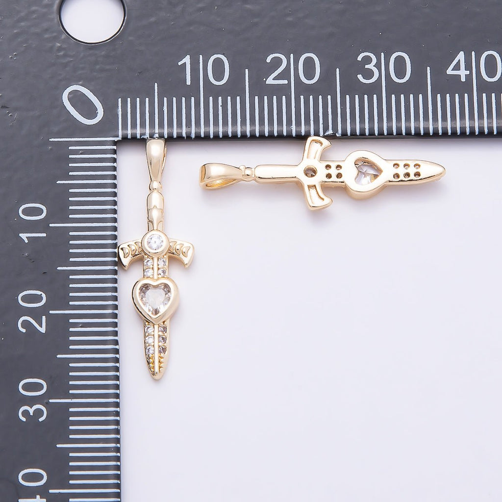16K Gold Filled 27mm Clear Heart CZ Religious Cross Sword Pendant | Charms-01042