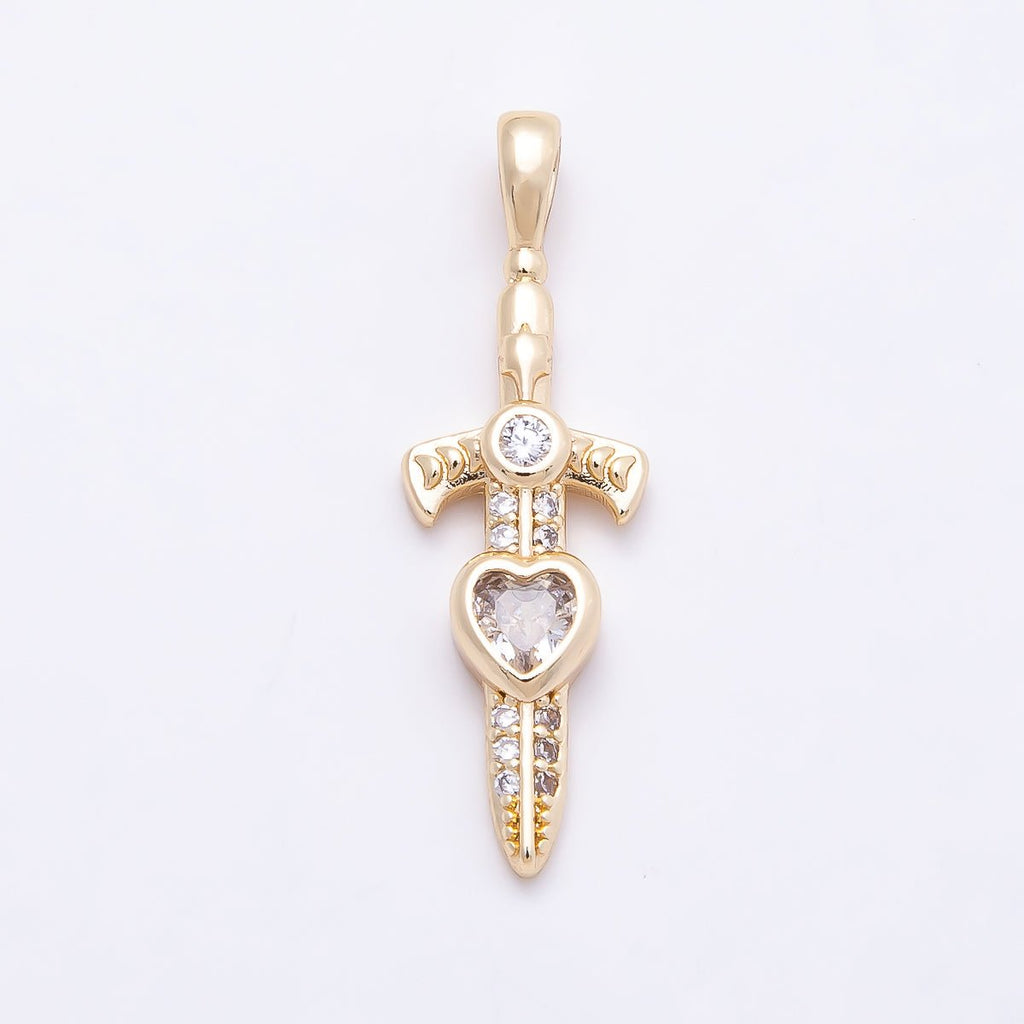 16K Gold Filled 27mm Clear Heart CZ Religious Cross Sword Pendant | Charms-01042