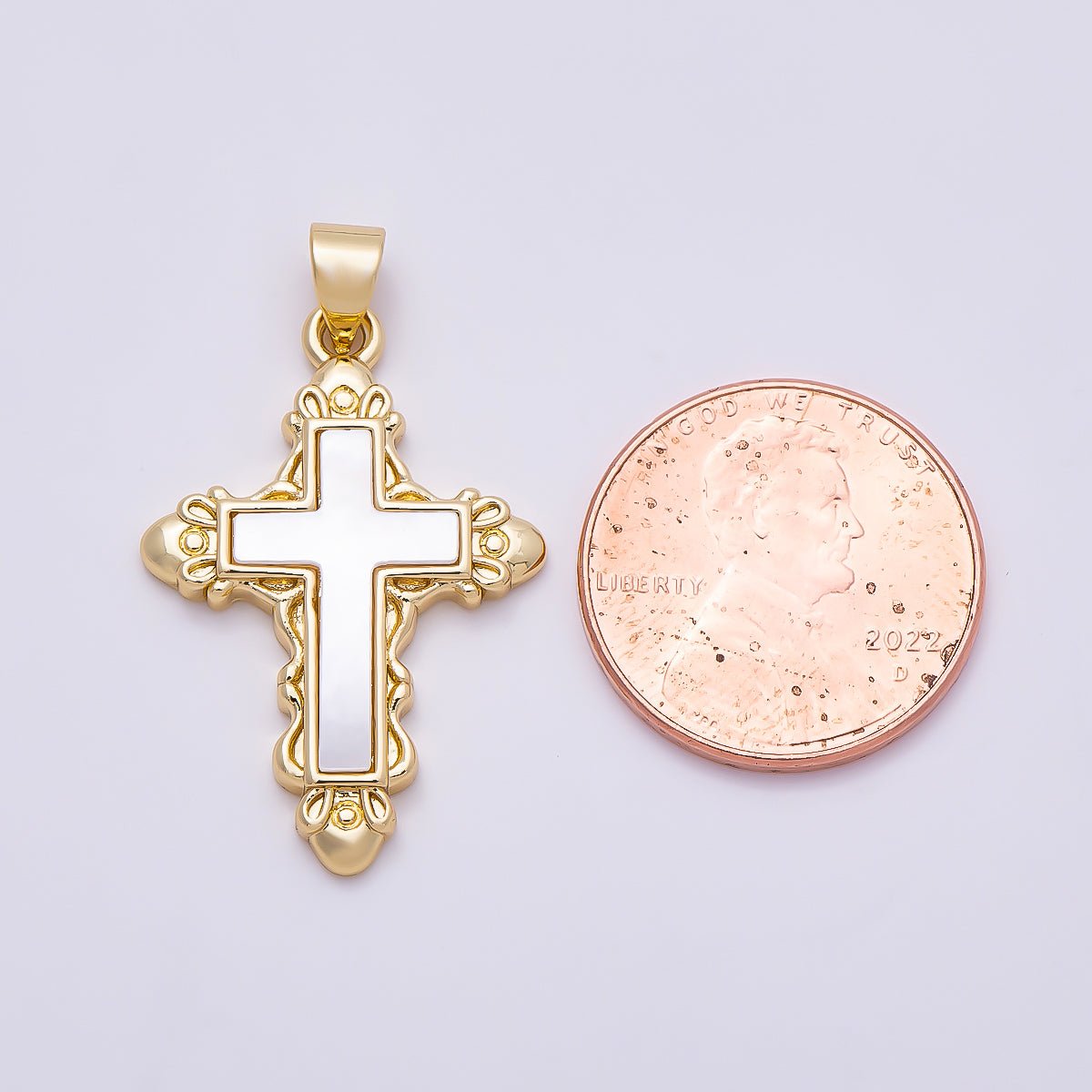 16K Gold Filled 28mm Shell Pearl Artisan Religious Cross Pendant | Charms-01311