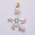 16K Gold Filled 29mm Blue CZ Shell Pearl Starfish Pendant | Charms-00946