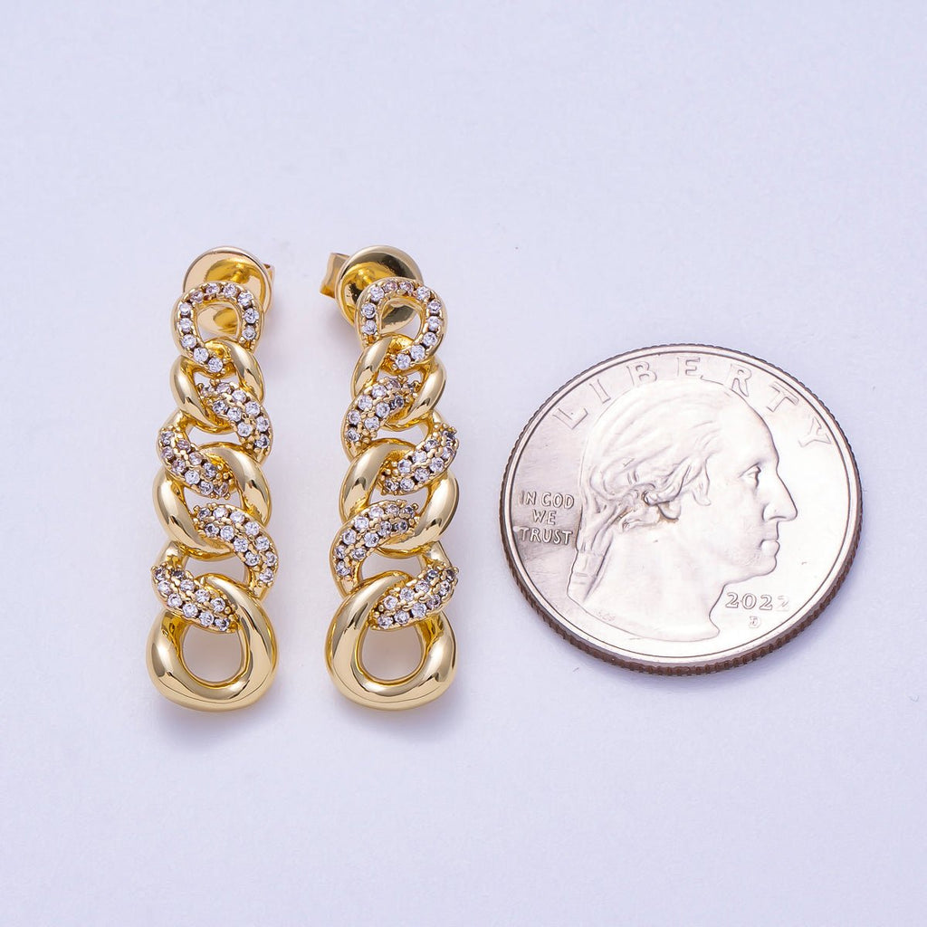 16K Gold Filled 29mm Micro Paved CZ Curb Chain Link Drop Stud Earrings | Earrings-00307
