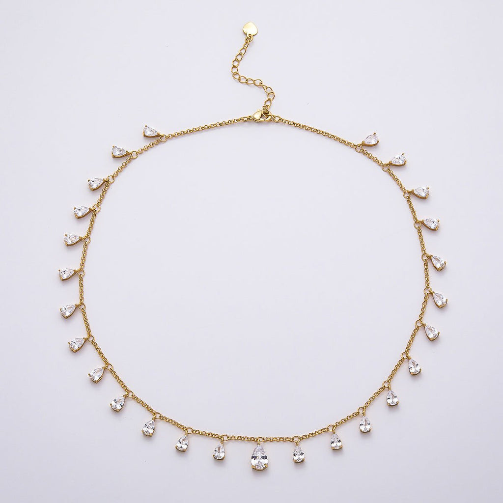 16K Gold Filled 2mm Clear CZ Teardrop Cable Chain 16 Inch Choker Necklace w. Extender | WA-04496
