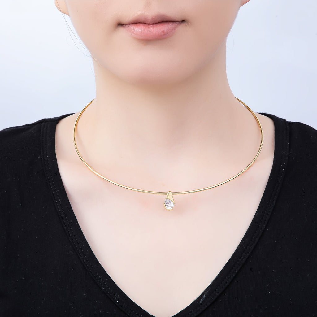 16K Gold Filled 2mm Teardrop Solitaire CZ Thin Torque Tube Choker Floating Collar Necklace | WA-04410