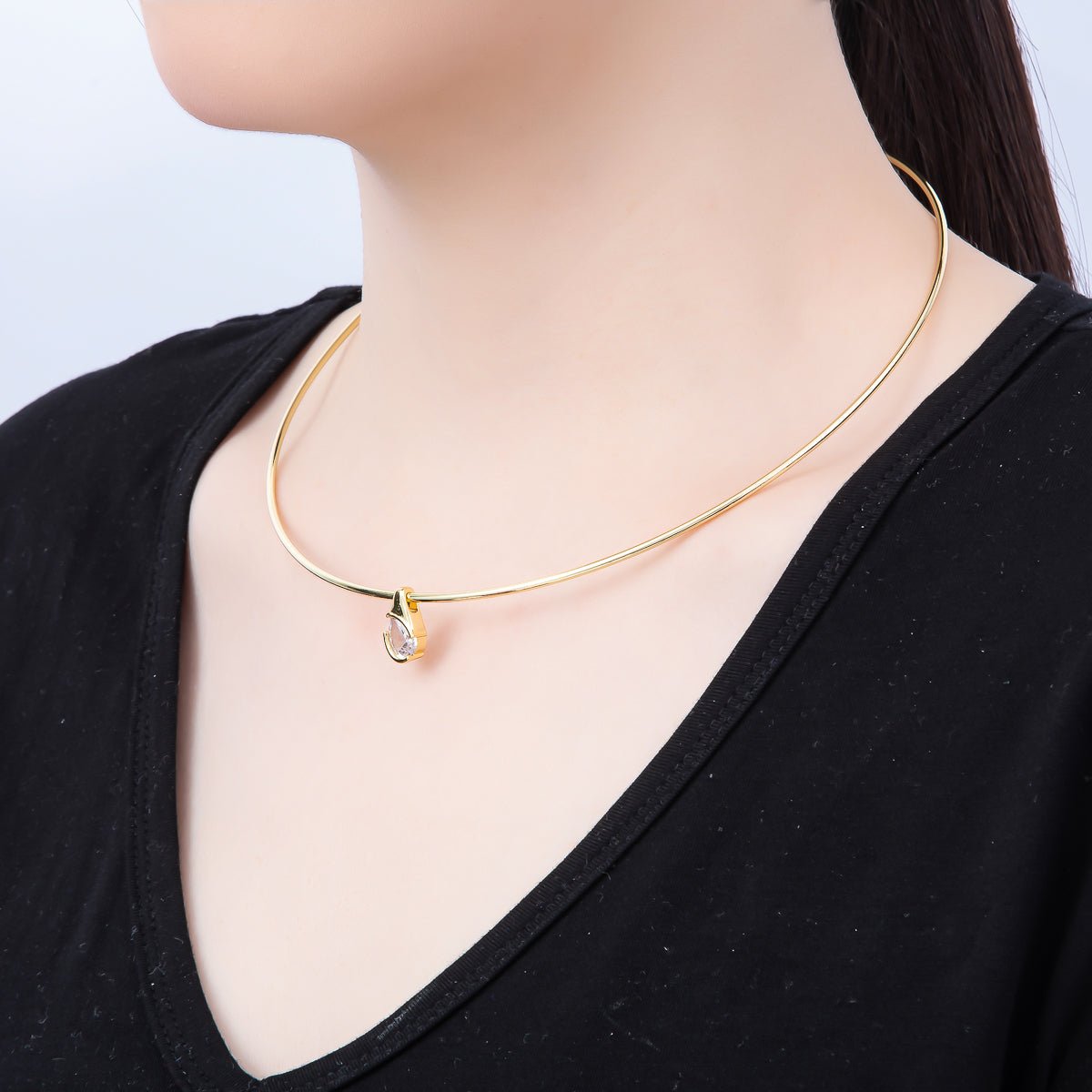 16K Gold Filled 2mm Teardrop Solitaire CZ Thin Torque Tube Choker Floating Collar Necklace | WA-04410