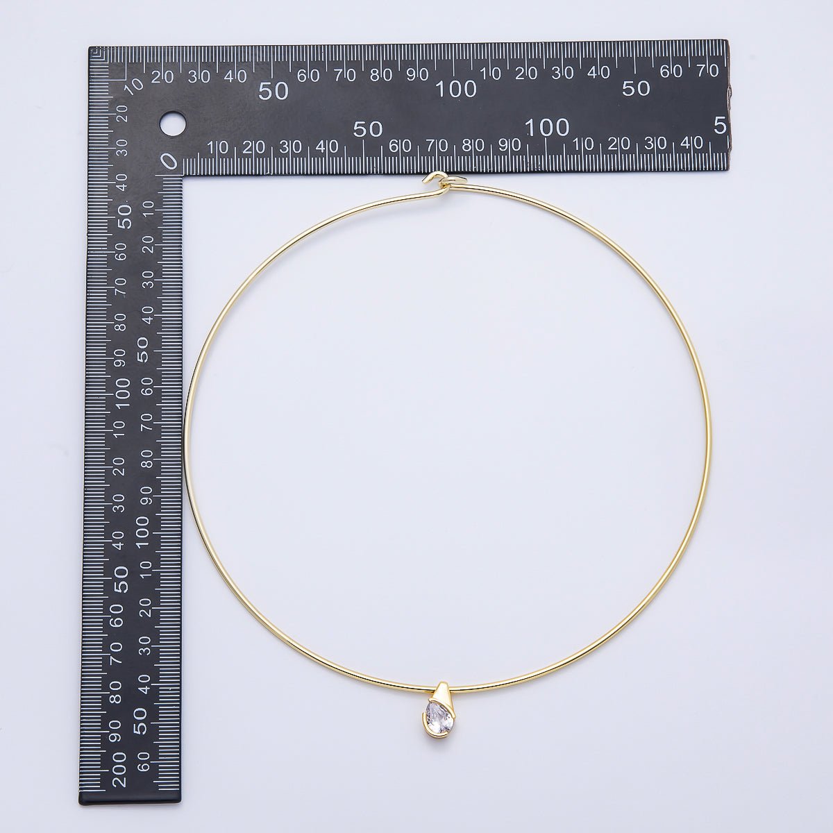 16K Gold Filled 2mm Teardrop Solitaire CZ Thin Torque Tube Choker Floating Collar Necklace | WA-04410