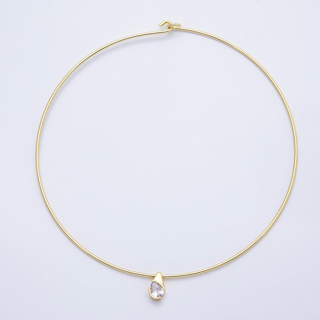 16K Gold Filled 2mm Teardrop Solitaire CZ Thin Torque Tube Choker Floating Collar Necklace | WA-04410