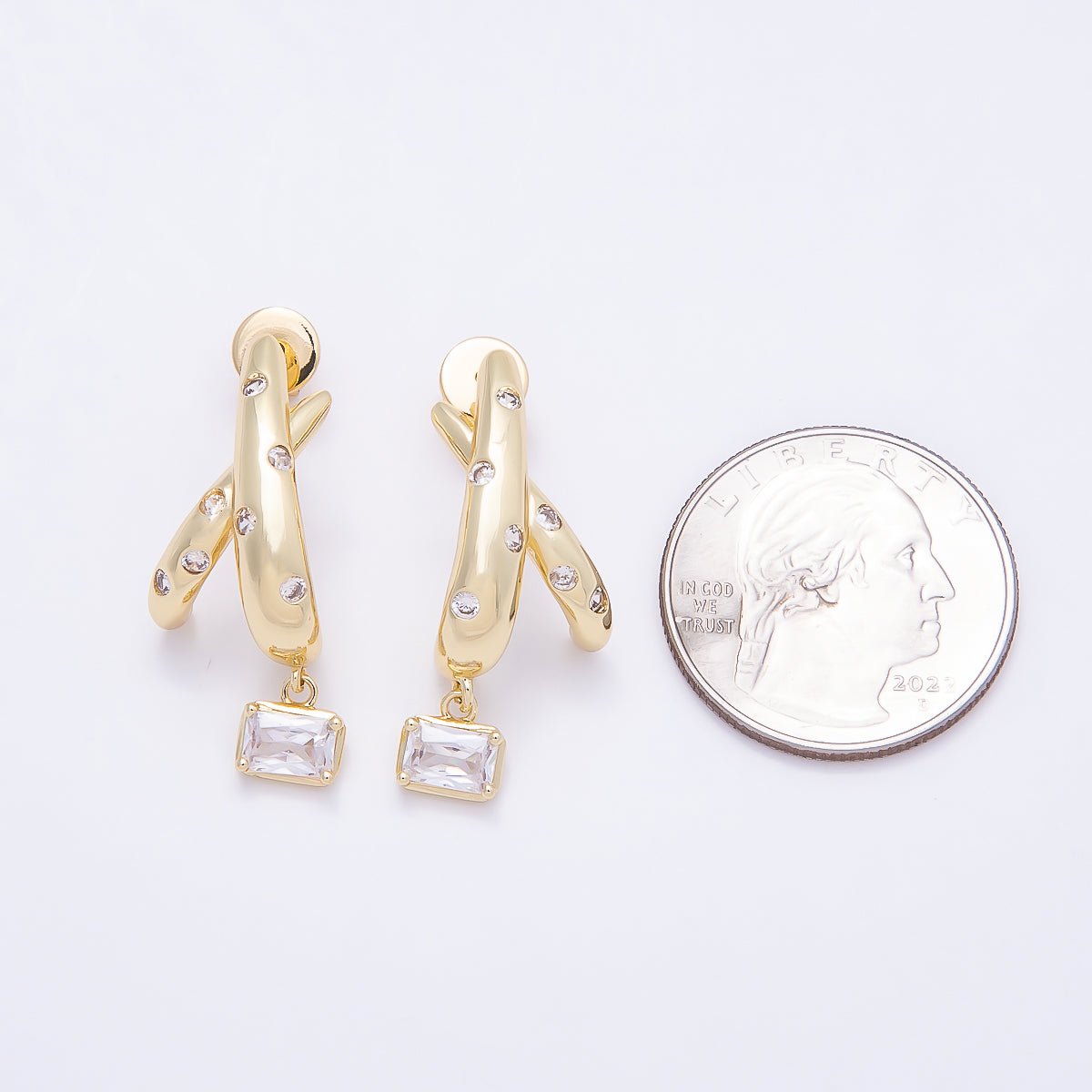 16K Gold Filled 30mm CZ Dotted Baguette C-Shaped Drop Stud Earrings | Earrings-00402