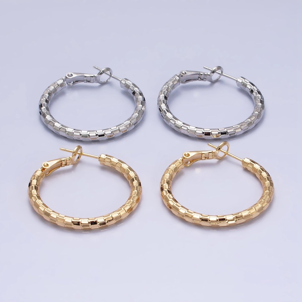 16K Gold Filled 30mm Multifaceted Textured Hinge Hoop Earrings in Gold & Silver | AD1211 AD1212