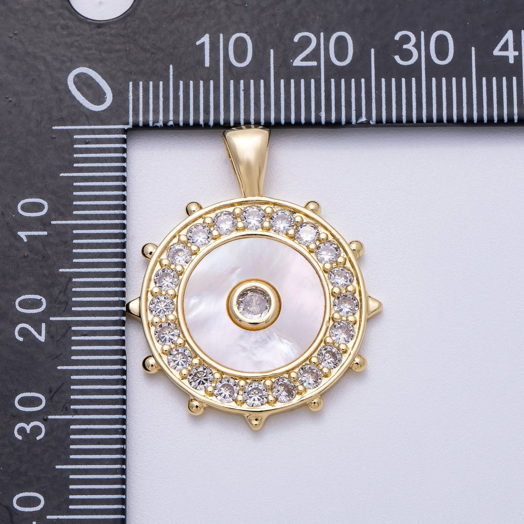 16K Gold Filled 31mm Shell Pearl Micro Paved CZ Evil Eyes Medallion Pendant | Charms-00565