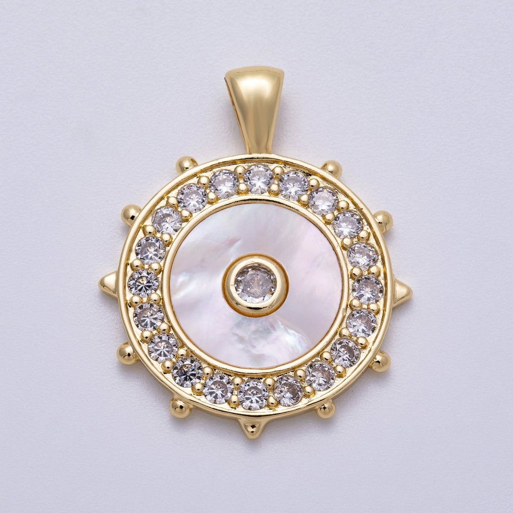 16K Gold Filled 31mm Shell Pearl Micro Paved CZ Evil Eyes Medallion Pendant | Charms-00565