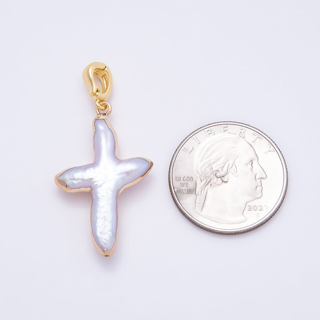 16K Gold Filled 32.5mm Freshwater Pearl Religious Cross Snap Latch Pendant | Charms-00810