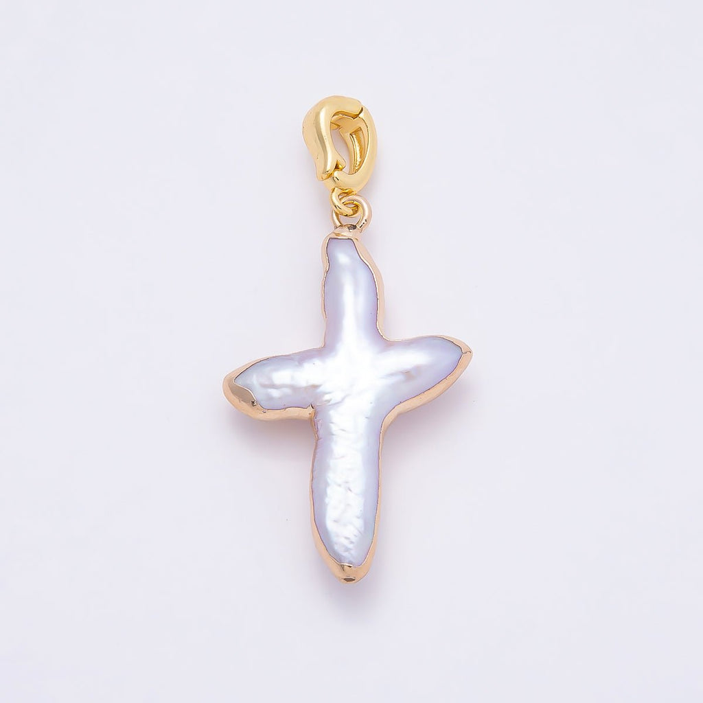 16K Gold Filled 32.5mm Freshwater Pearl Religious Cross Snap Latch Pendant | Charms-00810