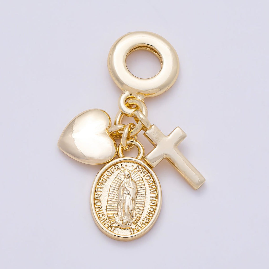 16K Gold Filled 32mm Religious Heart Cross Mother Mary Sunburst Latin Prayer Drop Rondelle Pendant | Charms-01154