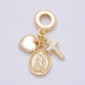 16K Gold Filled 32mm Religious Heart Cross Mother Mary Sunburst Latin Prayer Drop Rondelle Pendant | Charms-01154