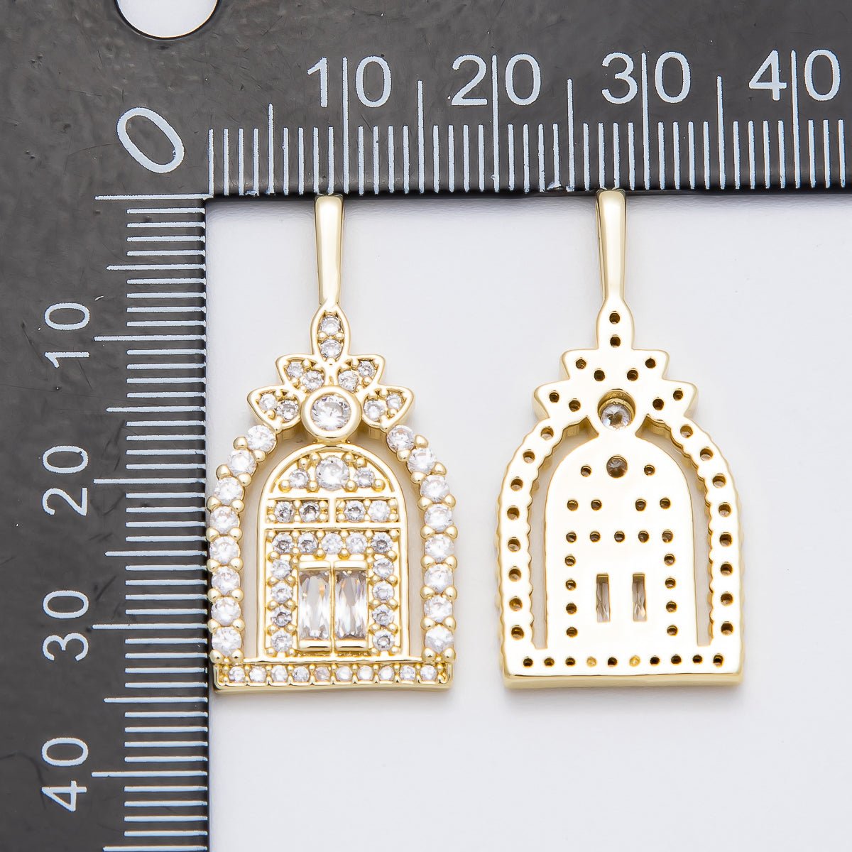 16K Gold Filled 34mm Baguette Micro Paved CZ Flower Arched Garden Gate Doorway Pendant | Charms-00462