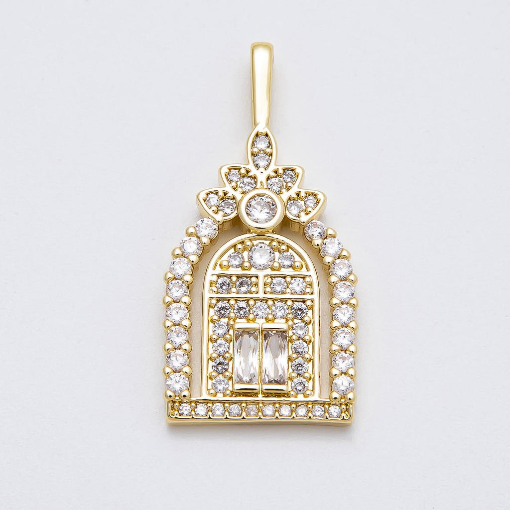 16K Gold Filled 34mm Baguette Micro Paved CZ Flower Arched Garden Gate Doorway Pendant | Charms-00462