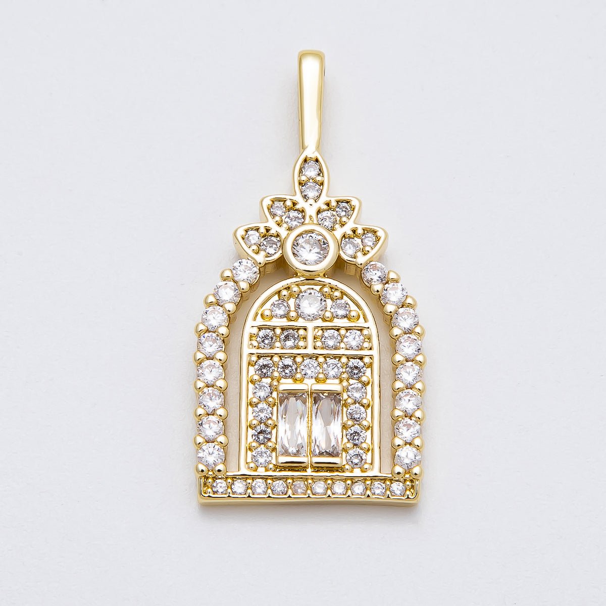 16K Gold Filled 34mm Baguette Micro Paved CZ Flower Arched Garden Gate Doorway Pendant | Charms-00462