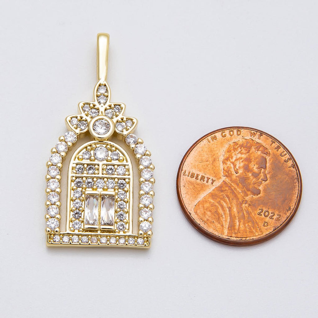 16K Gold Filled 34mm Baguette Micro Paved CZ Flower Arched Garden Gate Doorway Pendant | Charms-00462