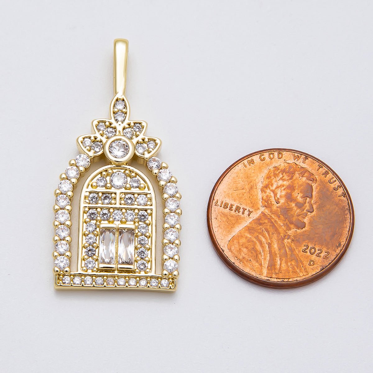 16K Gold Filled 34mm Baguette Micro Paved CZ Flower Arched Garden Gate Doorway Pendant | Charms-00462
