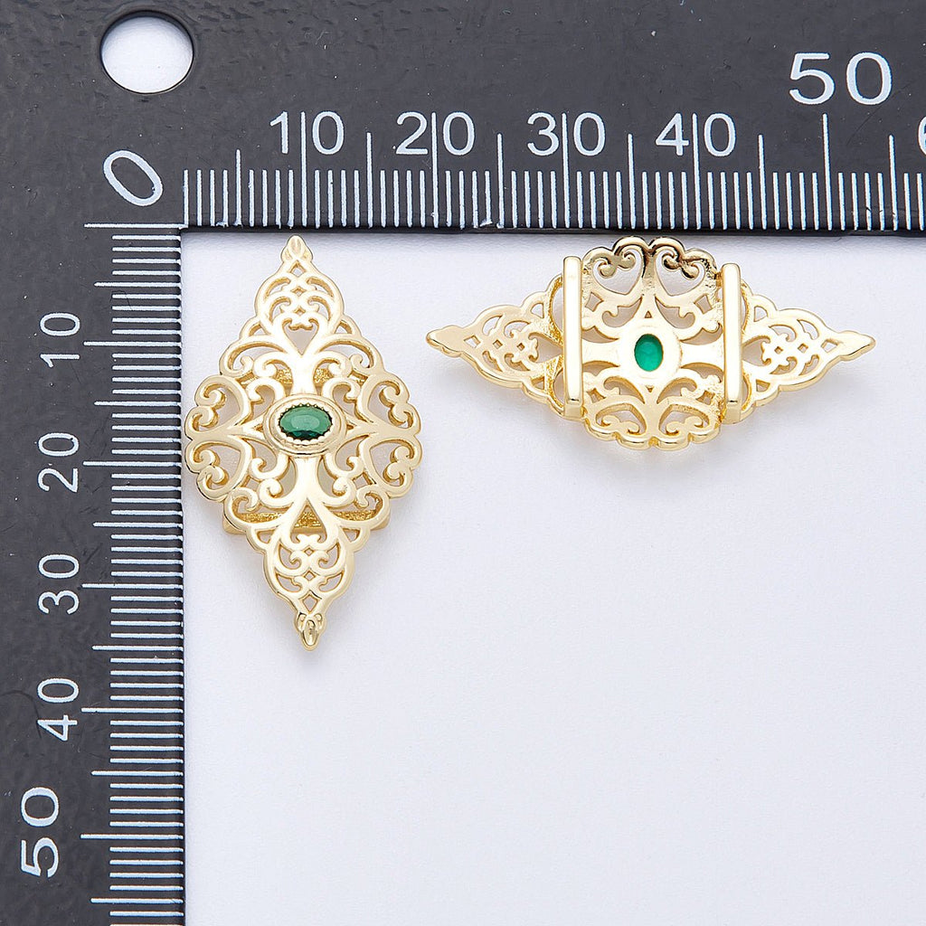 16K Gold Filled 34mm Green CZ Oval Filigree Geometric Charm Finding | Findings-00036