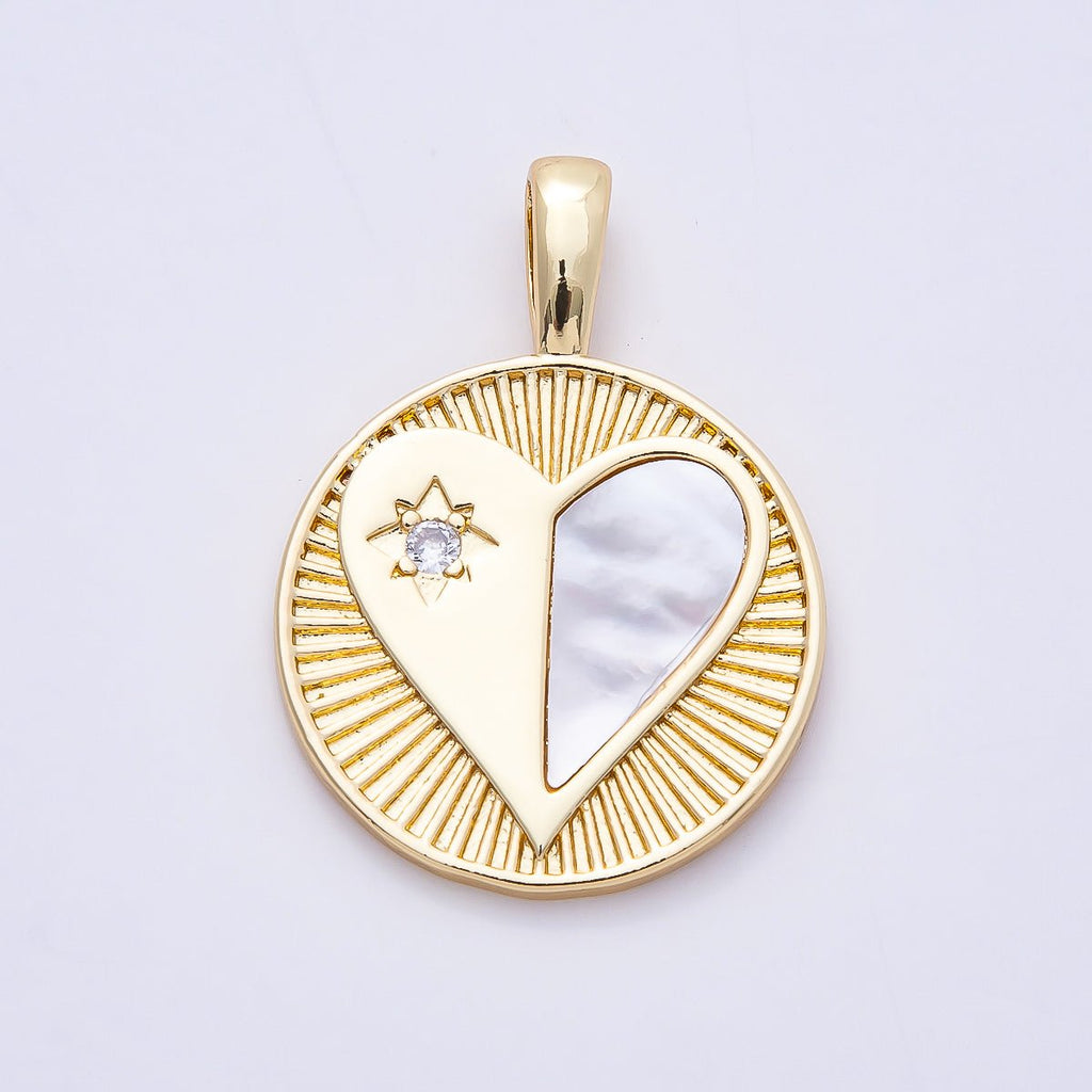 16K Gold Filled 35mm CZ Mother of Pearl Heart Ribbed Round Medallion Pendant | Charms-00757