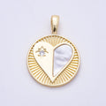 16K Gold Filled 35mm CZ Mother of Pearl Heart Ribbed Round Medallion Pendant | Charms-00757