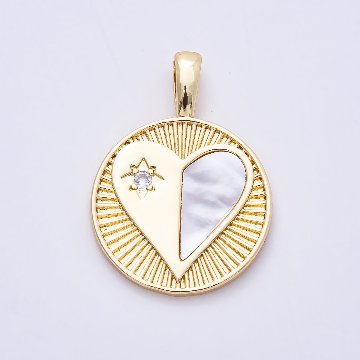16K Gold Filled 35mm CZ Mother of Pearl Heart Ribbed Round Medallion Pendant | Charms-00757