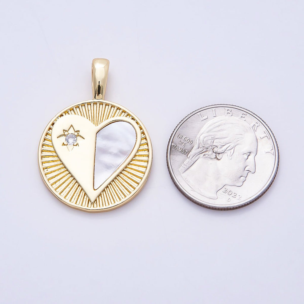 16K Gold Filled 35mm CZ Mother of Pearl Heart Ribbed Round Medallion Pendant | Charms-00757