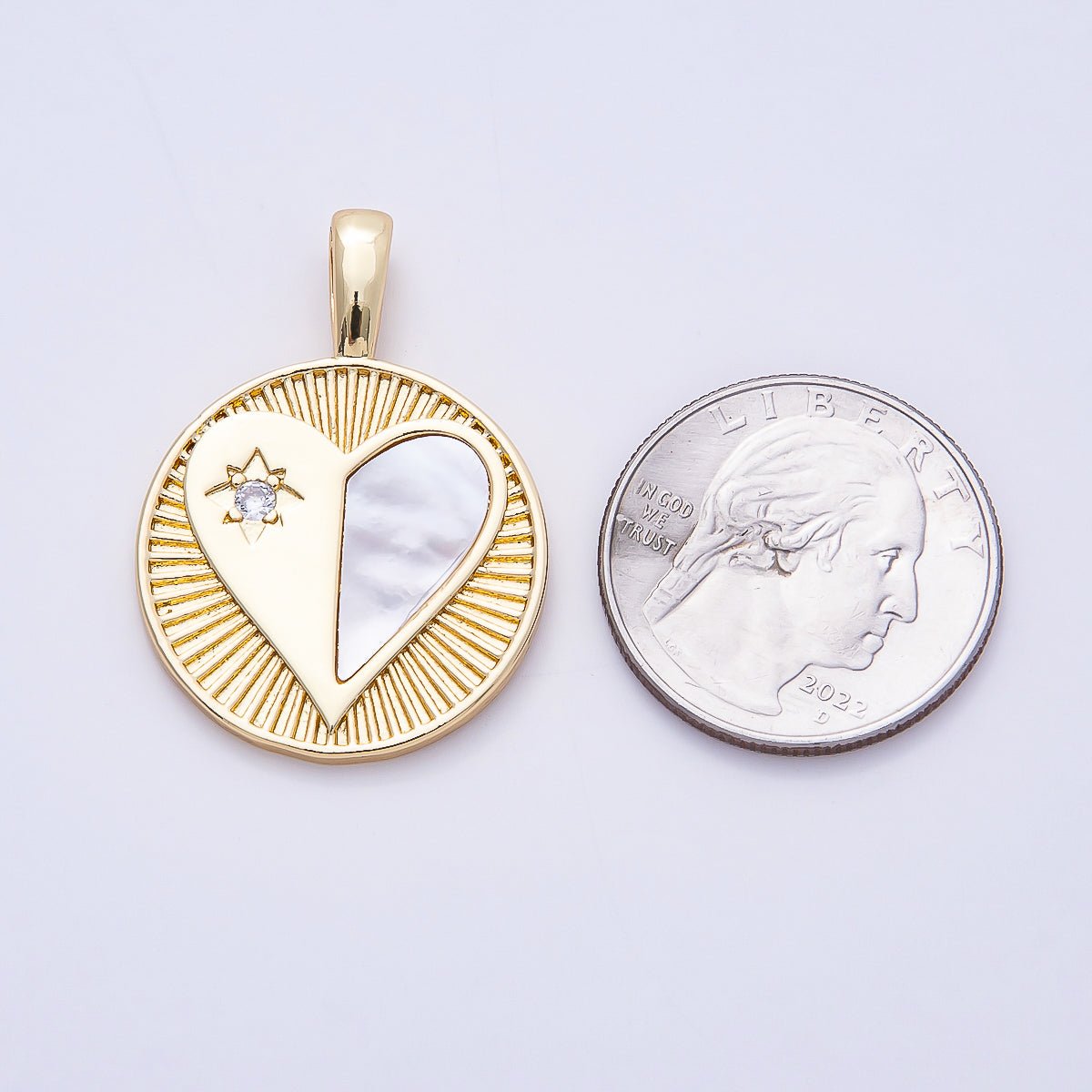 16K Gold Filled 35mm CZ Mother of Pearl Heart Ribbed Round Medallion Pendant | Charms-00757