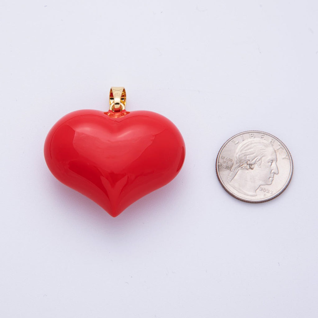 16K Gold Filled 37mm Red Enamel Chubby Heart 3D Multidimensional Pendant | Charms-00112