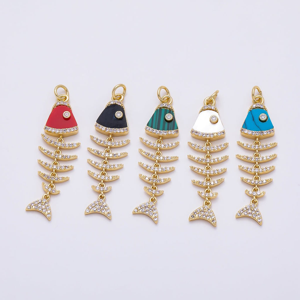 16K Gold Filled 38mm Turquoise, Shell Pearl, Malachite, Onyx, Carnelian Micro Paved CZ Fish Skeleton Charm | Charms-01447 ~ Charms-01451