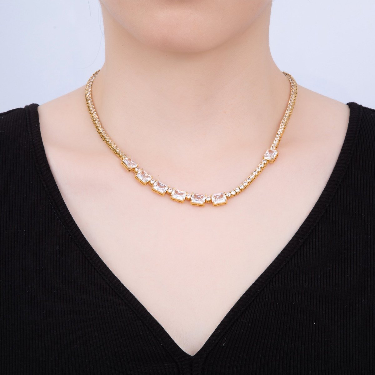 16K Gold Filled 3mm Baguette CZ Tennis Chain 17 Inch Adjustable Necklace | WA-04336