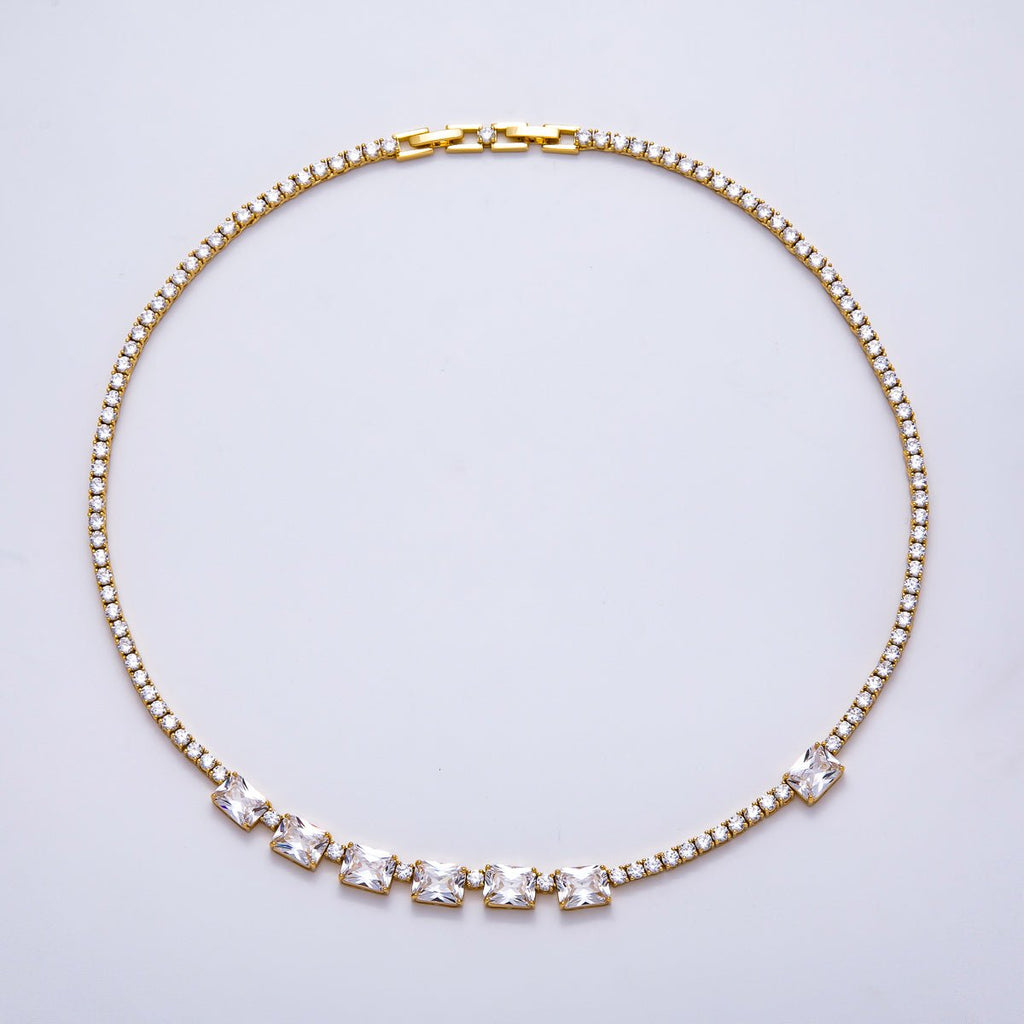 16K Gold Filled 3mm Baguette CZ Tennis Chain 17 Inch Adjustable Necklace | WA-04336