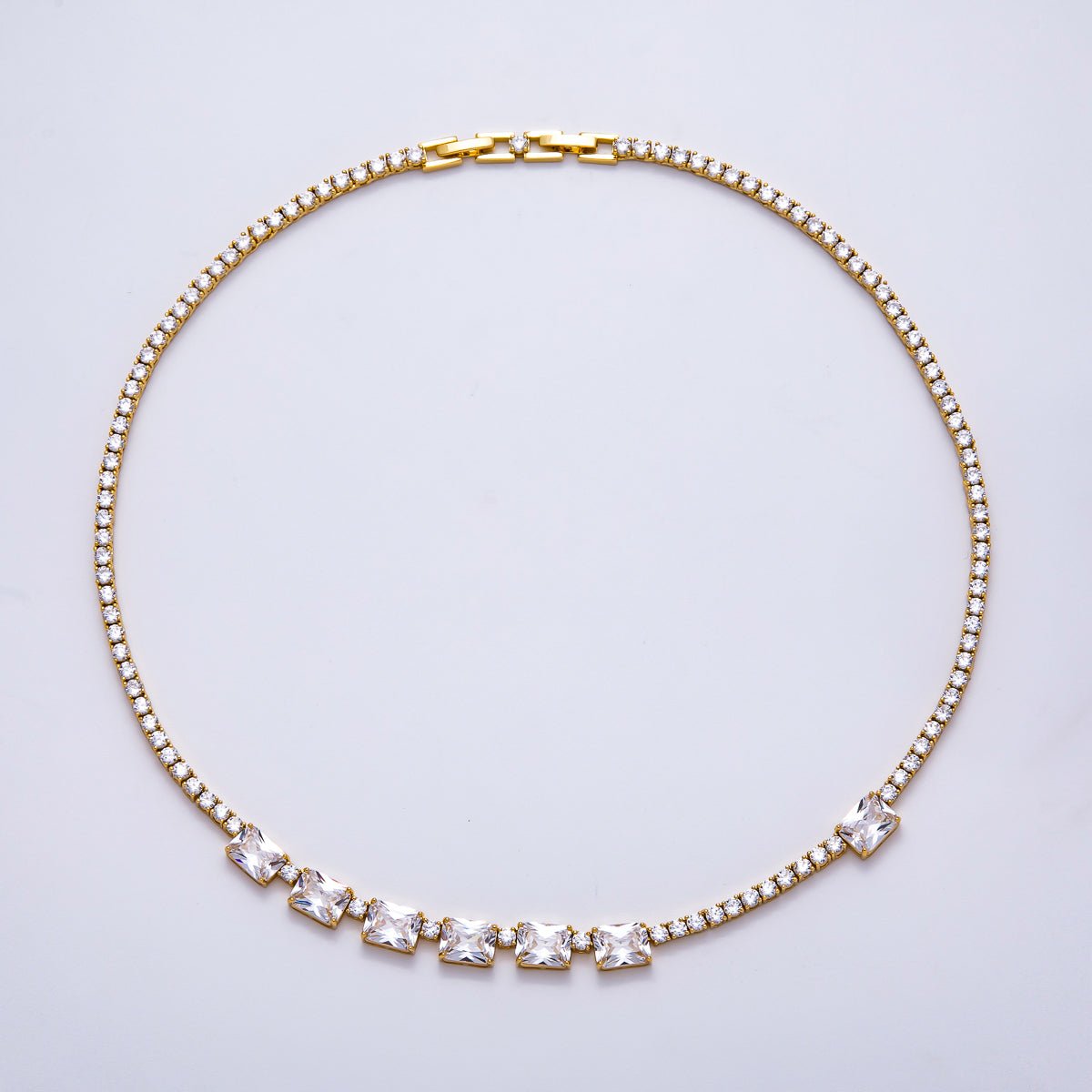 16K Gold Filled 3mm Baguette CZ Tennis Chain 17 Inch Adjustable Necklace | WA-04336