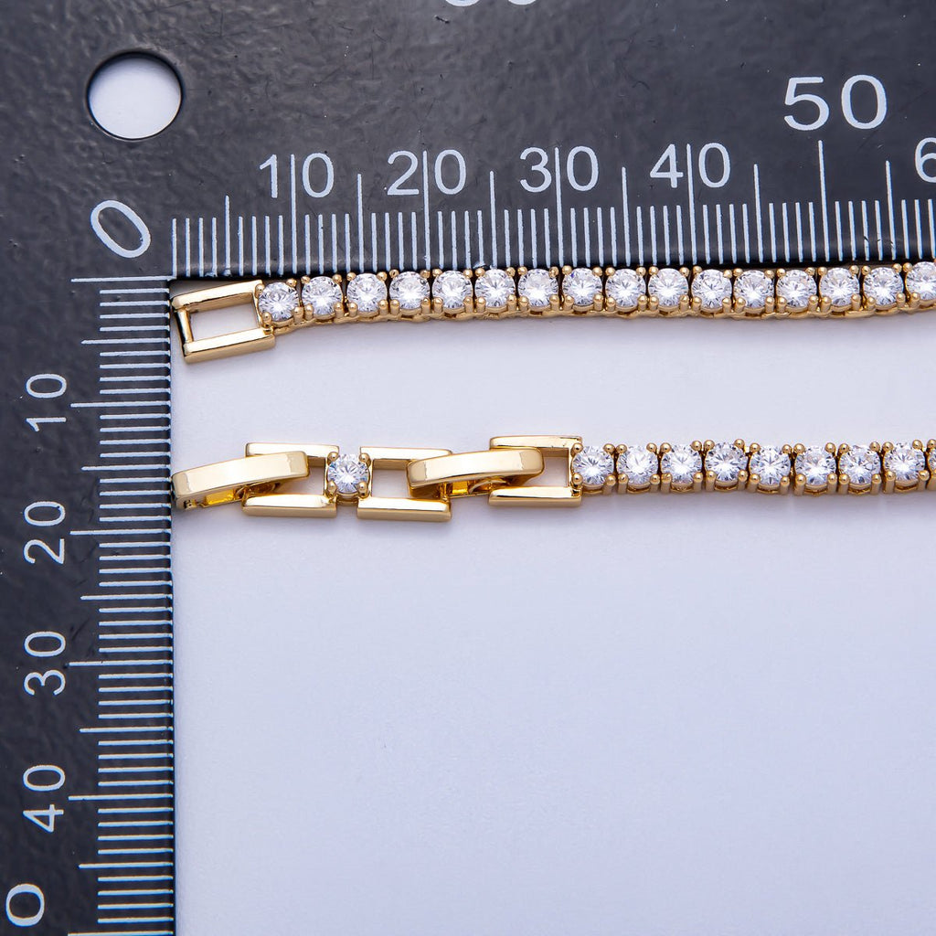 16K Gold Filled 3mm Baguette CZ Tennis Chain 17 Inch Adjustable Necklace | WA-04336