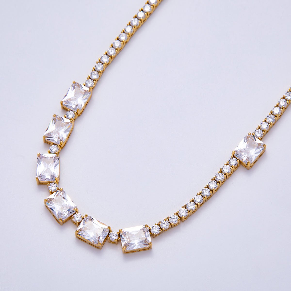 16K Gold Filled 3mm Baguette CZ Tennis Chain 17 Inch Adjustable Necklace | WA-04336