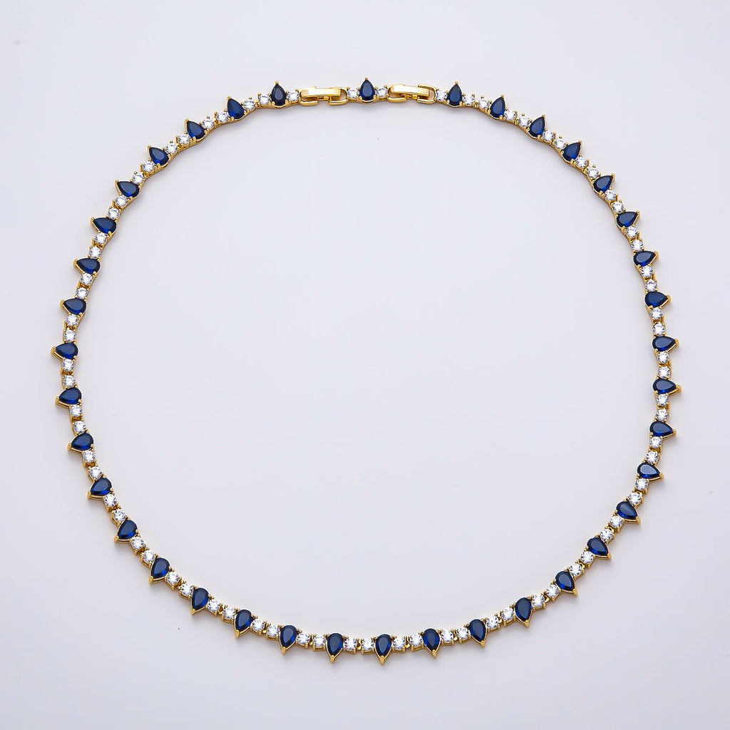 16K Gold Filled 3mm Blue Teardrop Clear Tennis Chain 17 Inch Adjustable Necklace | WA-04677