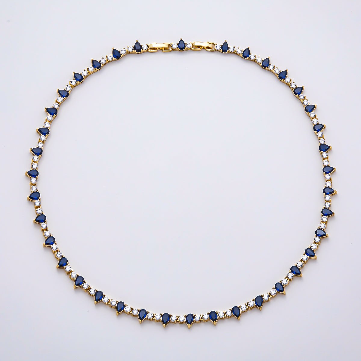 16K Gold Filled 3mm Blue Teardrop Clear Tennis Chain 17 Inch Adjustable Necklace | WA-04677
