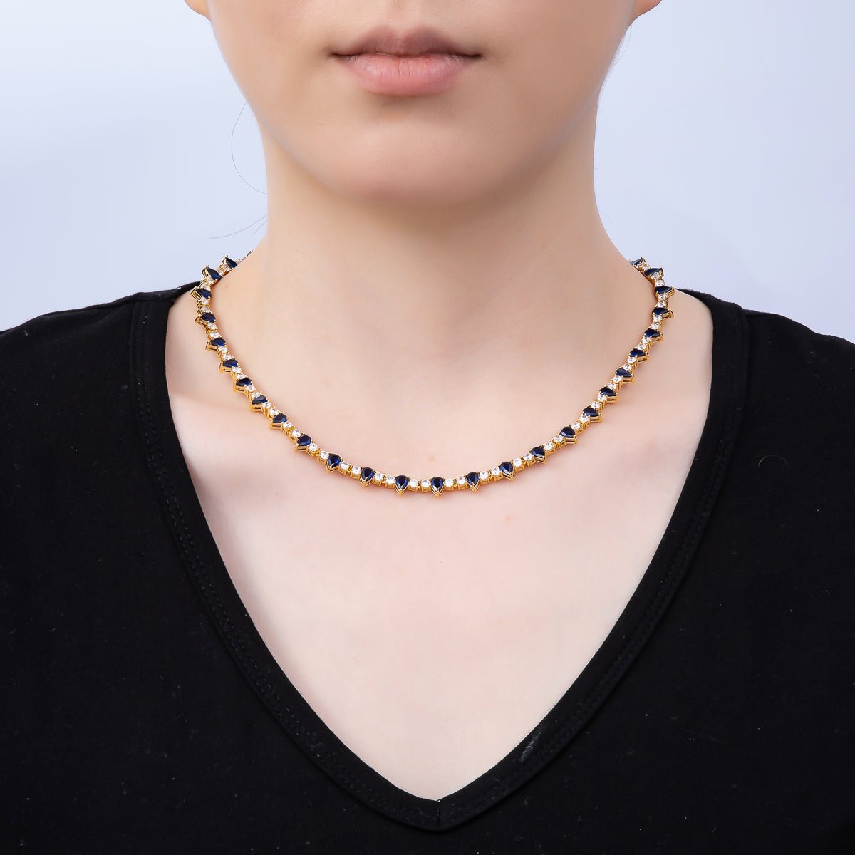 16K Gold Filled 3mm Blue Teardrop Clear Tennis Chain 17 Inch Adjustable Necklace | WA-04677