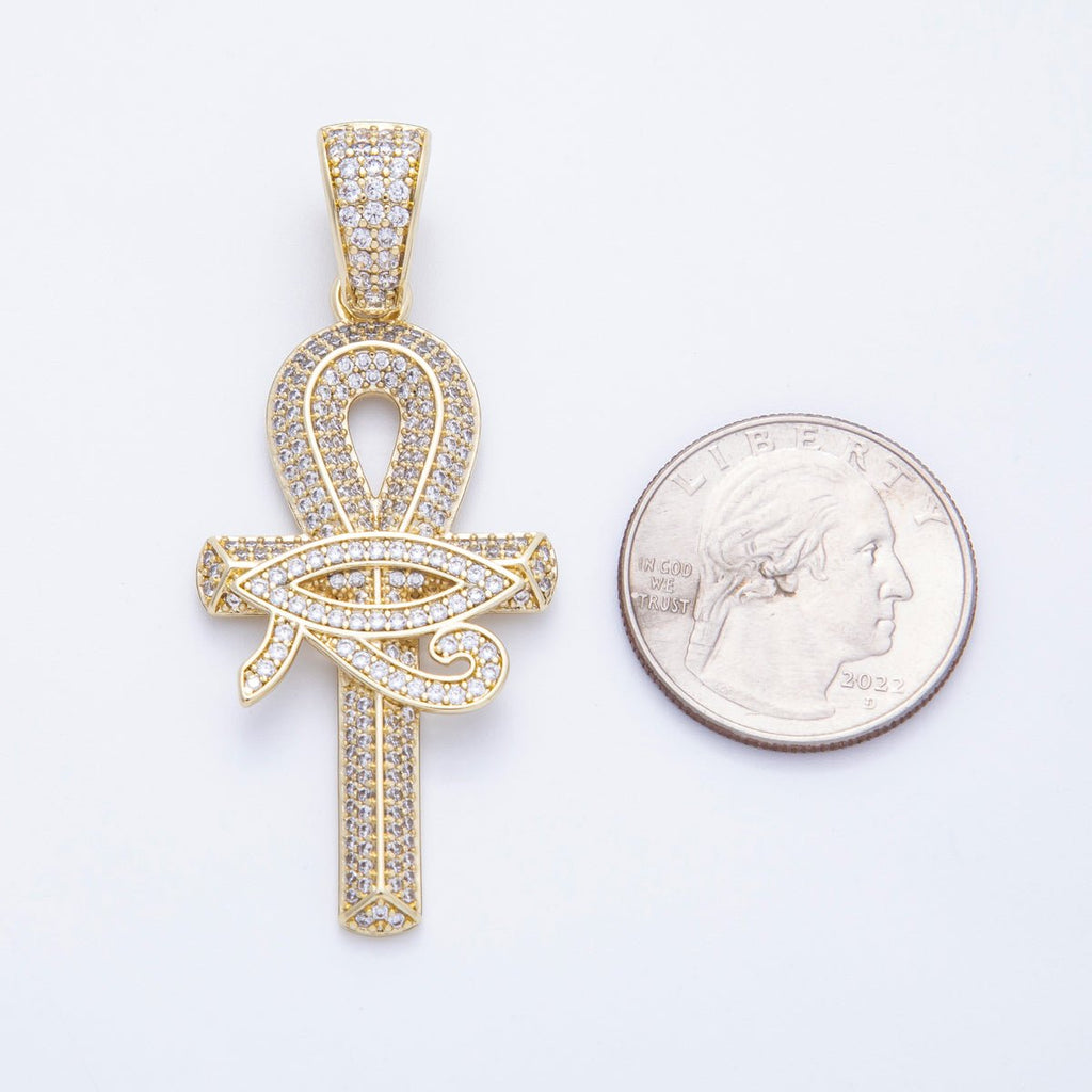16K Gold Filled 48mm Micro Paved CZ Evil Eye Ankh Cross Religious Pendant | Charms-00209