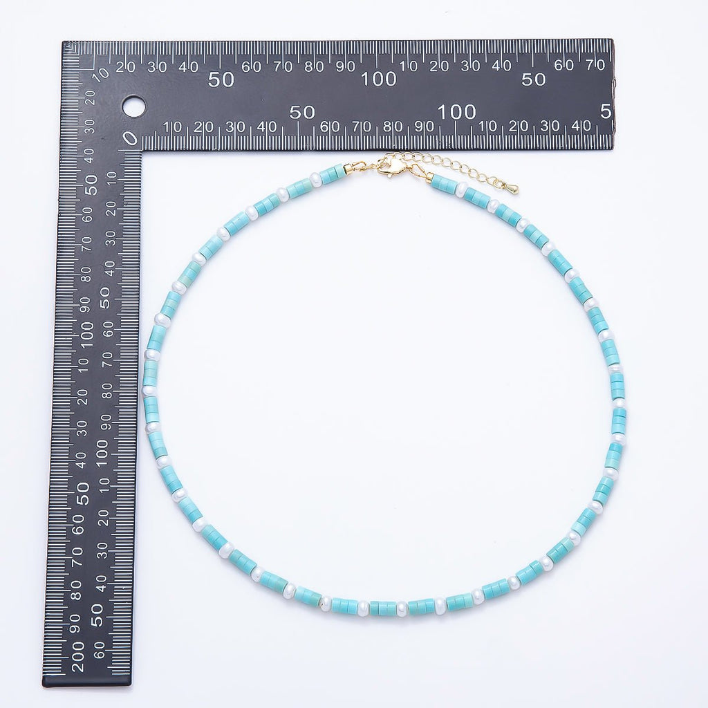 16K Gold Filled 4mm Blue Aquamarine Cylinder Shell Pearl Rondelle Tube Gemstone Bead Chain 18 Inch Necklace | WA-00552