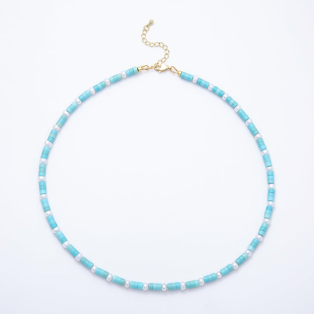16K Gold Filled 4mm Blue Aquamarine Cylinder Shell Pearl Rondelle Tube Gemstone Bead Chain 18 Inch Necklace | WA-00552