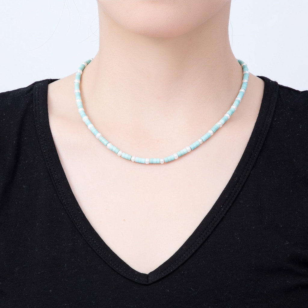 16K Gold Filled 4mm Blue Aquamarine Cylinder Shell Pearl Rondelle Tube Gemstone Bead Chain 18 Inch Necklace | WA-00552