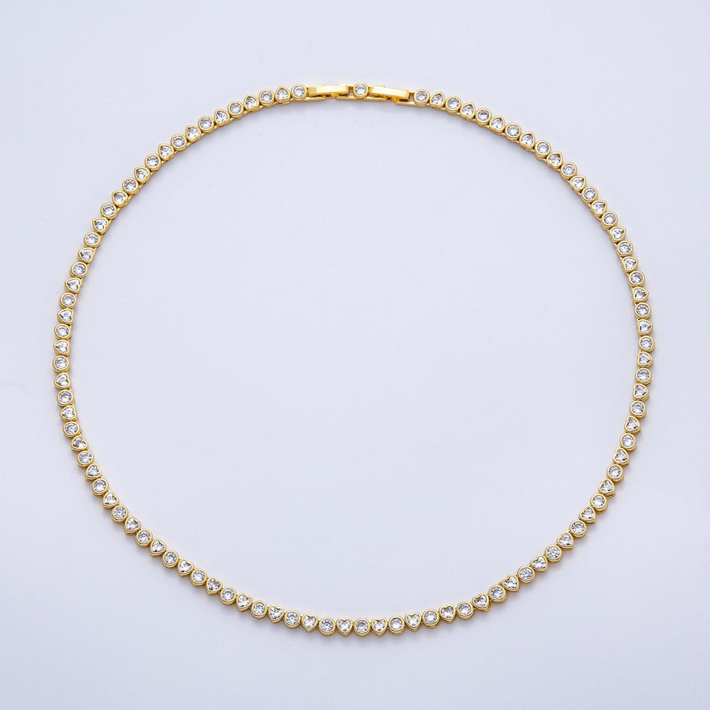 16K Gold Filled 4mm Clear CZ Round Heart Tennis Chain 16 Inch Adjustable Necklace | WA-04244