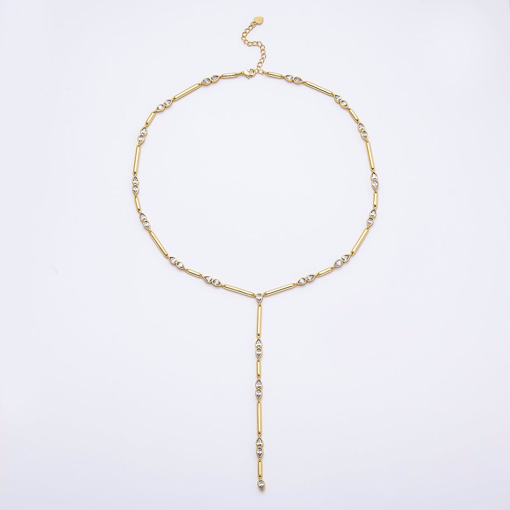 16K Gold Filled 4mm Clear, Green, Fuchsia CZ Teardrop Bar Lariat 17.5 Inch Necklace | WA-00146 WA-00152 WA-00185