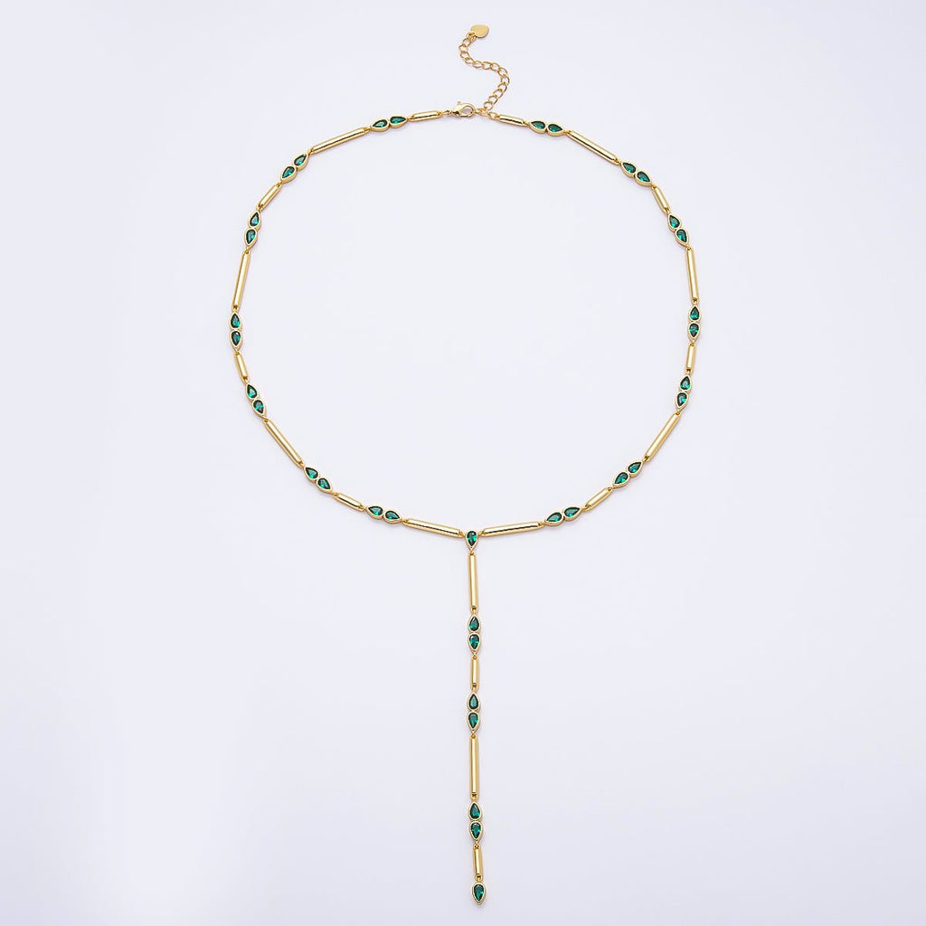 16K Gold Filled 4mm Clear, Green, Fuchsia CZ Teardrop Bar Lariat 17.5 Inch Necklace | WA-00146 WA-00152 WA-00185