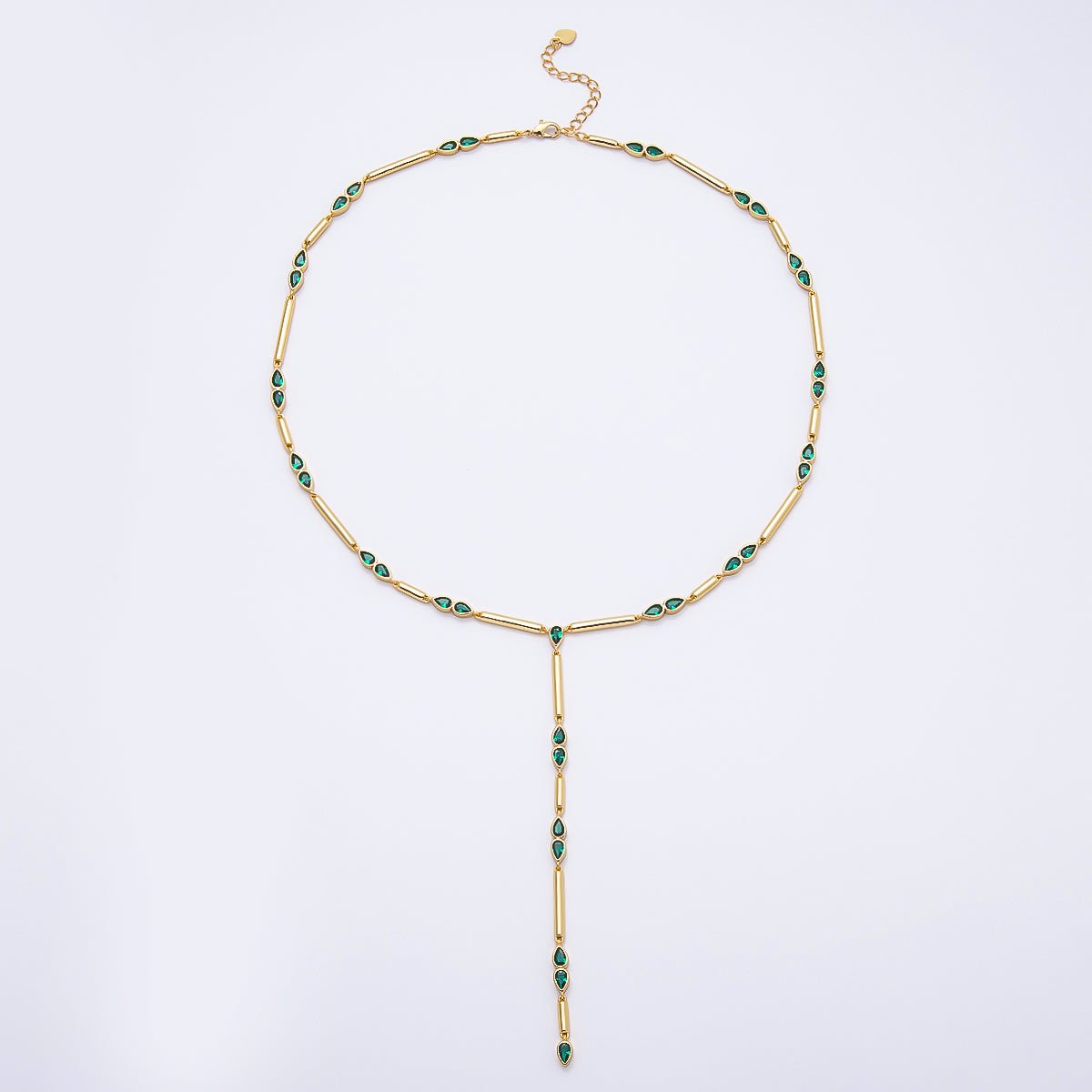 16K Gold Filled 4mm Clear, Green, Fuchsia CZ Teardrop Bar Lariat 17.5 Inch Necklace | WA-00146 WA-00152 WA-00185