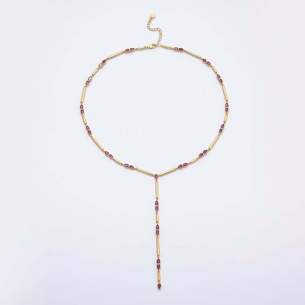 16K Gold Filled 4mm Clear, Green, Fuchsia CZ Teardrop Bar Lariat 17.5 Inch Necklace | WA-00146 WA-00152 WA-00185