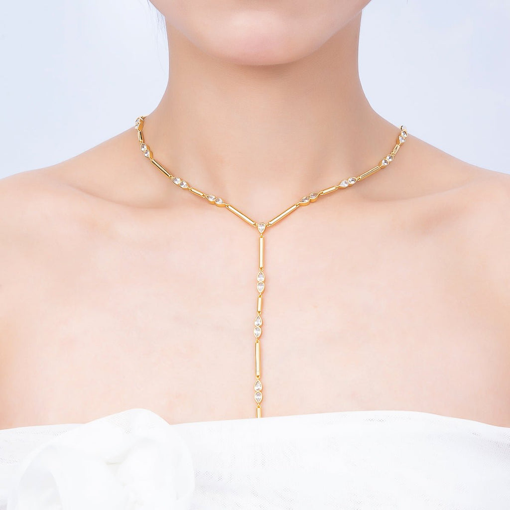 16K Gold Filled 4mm Clear, Green, Fuchsia CZ Teardrop Bar Lariat 17.5 Inch Necklace | WA-00146 WA-00152 WA-00185
