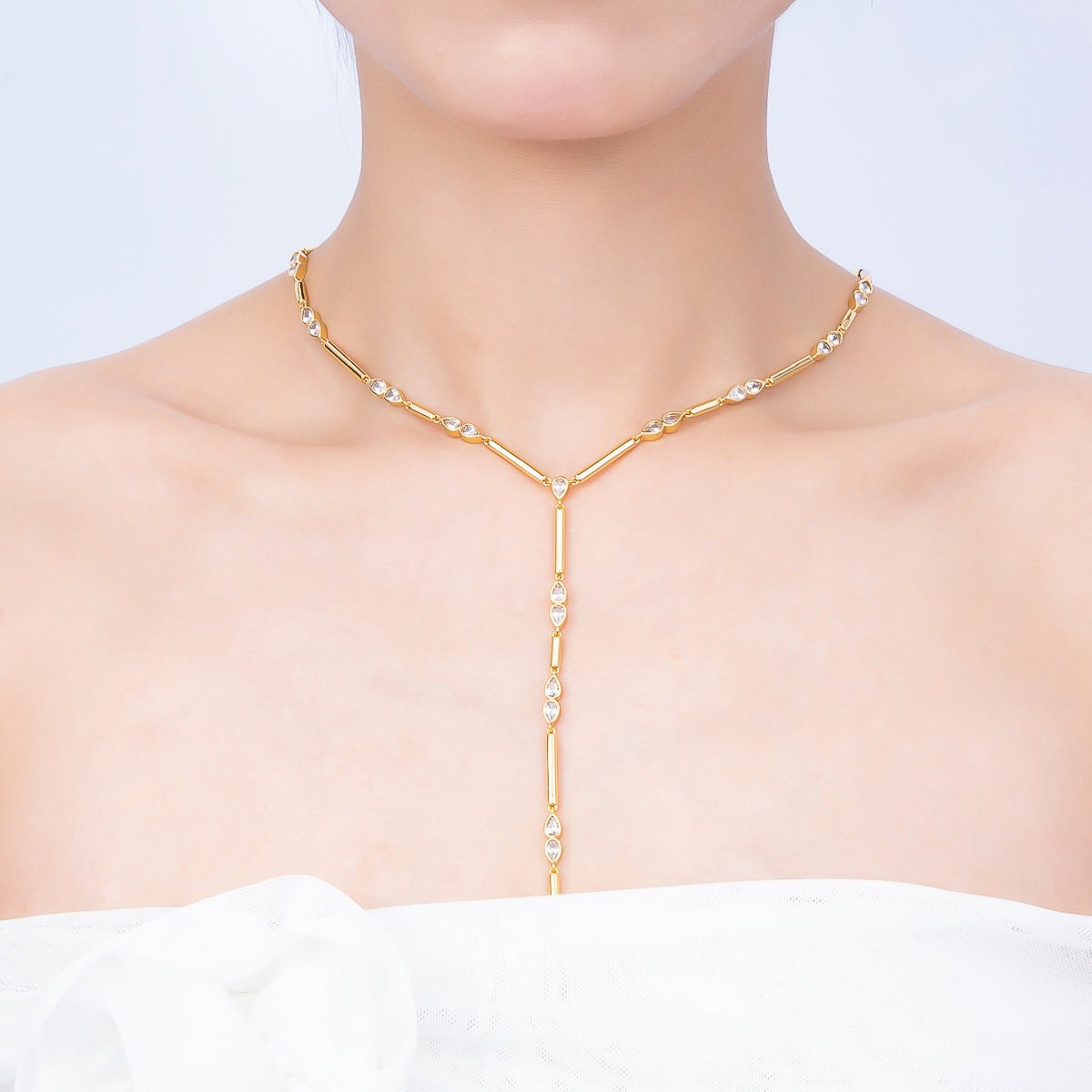 16K Gold Filled 4mm Clear, Green, Fuchsia CZ Teardrop Bar Lariat 17.5 Inch Necklace | WA-00146 WA-00152 WA-00185